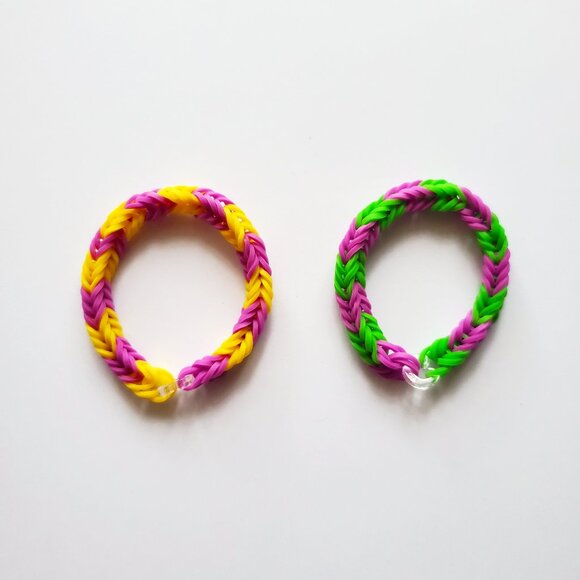 Green/Purple/Yellow Handmade Fishtail Rainbow Loom Bracelets - Picture 1 of 3